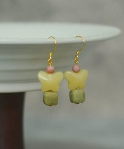 Red Striped Stone Avocado Water Drop Butterfly Earrings in S925 Pure Silver - Chinese Style Ancient Wind Women's Accessories