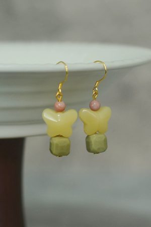 Red Striped Stone Avocado Water Drop Butterfly Earrings in S925 Pure Silver - Chinese Style Ancient Wind Women's Accessories