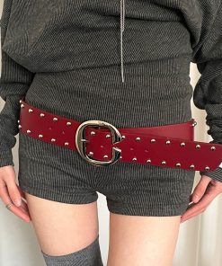 Red Studded Leather Belt for Women - Vintage Inspired High-End Accessory for Skirts and Jeans - Trendy Fashion Must-Have