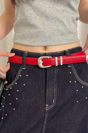 Red Studded Leather Belt for Women - Vintage Inspired High-End Accessory for Skirts and Jeans - Trendy Fashion Must-Have