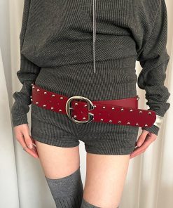 Red Studded Leather Belt for Women - Vintage Inspired High-End Accessory for Skirts and Jeans - Trendy Fashion Must-Have