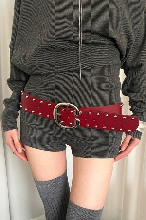 Red Studded Leather Belt for Women - Vintage Inspired High-End Accessory for Skirts and Jeans - Trendy Fashion Must-Have