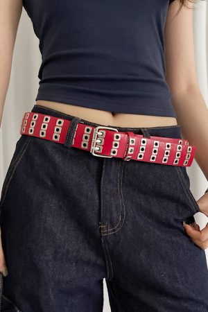 Red Studded Leather Belt for Women - Vintage Inspired High-End Accessory for Skirts and Jeans - Trendy Fashion Must-Have