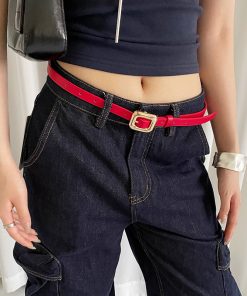 Red Studded Leather Belt for Women - Vintage Inspired High-End Accessory for Skirts and Jeans - Trendy Fashion Must-Have