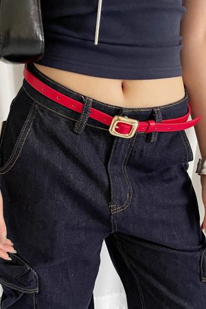 Red Studded Leather Belt for Women - Vintage Inspired High-End Accessory for Skirts and Jeans - Trendy Fashion Must-Have
