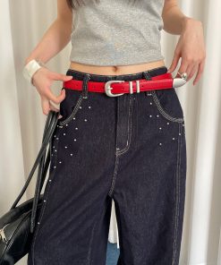 Red Studded Leather Belt for Women - Vintage Inspired High-End Accessory for Skirts and Jeans - Trendy Fashion Must-Have