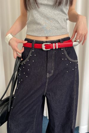 Red Studded Leather Belt for Women - Vintage Inspired High-End Accessory for Skirts and Jeans - Trendy Fashion Must-Have