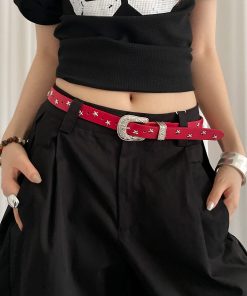 Red Studded Leather Belt for Women - Vintage Inspired High-End Accessory for Skirts and Jeans - Trendy Fashion Must-Have