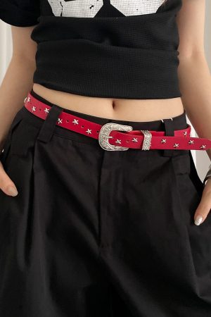Red Studded Leather Belt for Women - Vintage Inspired High-End Accessory for Skirts and Jeans - Trendy Fashion Must-Have