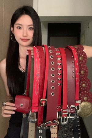 Red Studded Leather Belt for Women - Vintage Inspired High-End Accessory for Skirts and Jeans - Trendy Fashion Must-Have