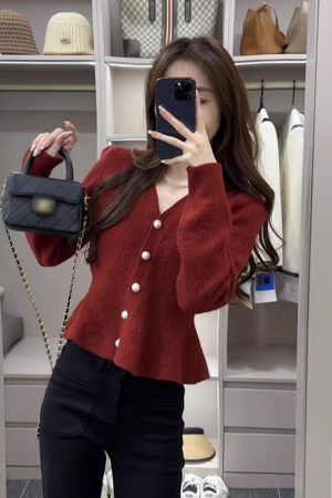 Red V-Neck Fishtail Sweater with Pearl Buttons - Women's Knitted Top for Spring and Autumn, Trendy Waist-Cinching Style