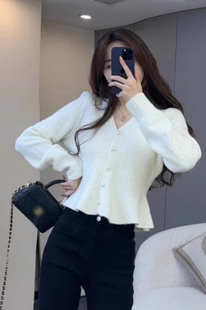 Red V-Neck Fishtail Sweater with Pearl Buttons - Women's Knitted Top for Spring and Autumn, Trendy Waist-Cinching Style