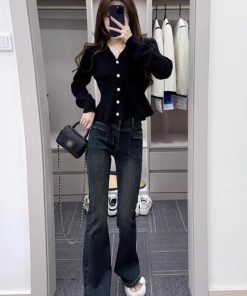 Red V-Neck Fishtail Sweater with Pearl Buttons - Women's Knitted Top for Spring and Autumn, Trendy Waist-Cinching Style