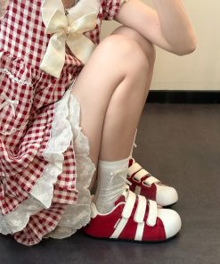 Red Velcro Breathable Women's Training Shoes - Summer 2025 Thick-Soled Casual Sneakers for Versatile Style and Comfort