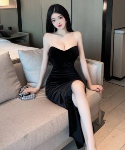 Red Velvet Strapless Evening Gown - Sexy Low-Cut Deep V-Neck Long Dress for Women's Night Out