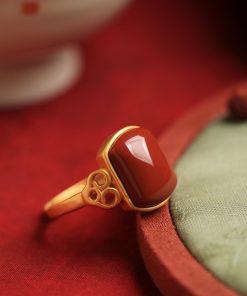 Red Vintage Chinese Style Square Pendant Ring for Women, Pure Silver, Zodiac Year, Ruby & Red Agate, Perfect for Index Finger