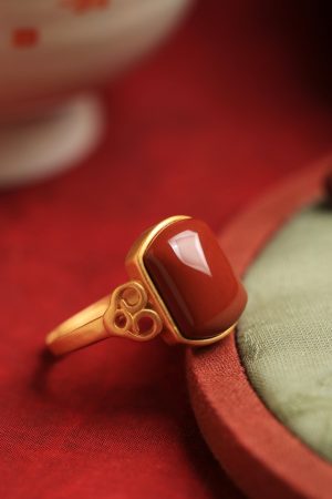 Red Vintage Chinese Style Square Pendant Ring for Women, Pure Silver, Zodiac Year, Ruby & Red Agate, Perfect for Index Finger