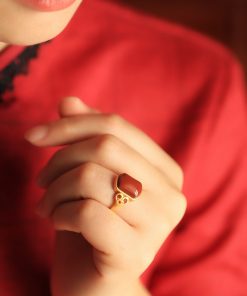 Red Vintage Chinese Style Square Pendant Ring for Women, Pure Silver, Zodiac Year, Ruby & Red Agate, Perfect for Index Finger