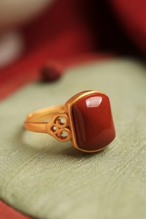 Red Vintage Chinese Style Square Pendant Ring for Women, Pure Silver, Zodiac Year, Ruby & Red Agate, Perfect for Index Finger