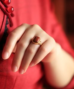 Red Vintage Chinese Style Square Pendant Ring for Women, Pure Silver, Zodiac Year, Ruby & Red Agate, Perfect for Index Finger