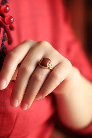 Red Vintage Chinese Style Square Pendant Ring for Women, Pure Silver, Zodiac Year, Ruby & Red Agate, Perfect for Index Finger