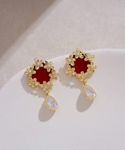 Red Vintage Hepburn-Style Ear Studs, Unique Golden Flower Earrings, Retro Water Drop Accessories, Fairy-Inspired Jewelry