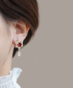 Red Vintage Hepburn-Style Ear Studs, Unique Golden Flower Earrings, Retro Water Drop Accessories, Fairy-Inspired Jewelry
