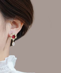 Red Vintage Hepburn-Style Ear Studs, Unique Golden Flower Earrings, Retro Water Drop Accessories, Fairy-Inspired Jewelry