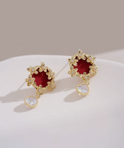 Red Vintage Hepburn-Style Ear Studs, Unique Golden Flower Earrings, Retro Water Drop Accessories, Fairy-Inspired Jewelry