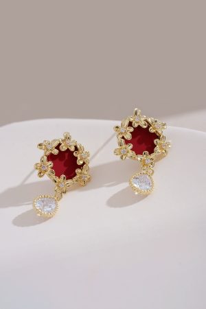 Red Vintage Hepburn-Style Ear Studs, Unique Golden Flower Earrings, Retro Water Drop Accessories, Fairy-Inspired Jewelry