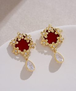 Red Vintage Hepburn-Style Ear Studs, Unique Golden Flower Earrings, Retro Water Drop Accessories, Fairy-Inspired Jewelry
