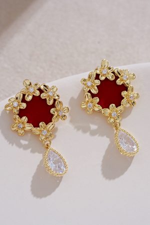 Red Vintage Hepburn-Style Ear Studs, Unique Golden Flower Earrings, Retro Water Drop Accessories, Fairy-Inspired Jewelry