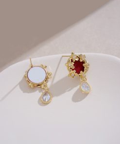 Red Vintage Hepburn-Style Ear Studs, Unique Golden Flower Earrings, Retro Water Drop Accessories, Fairy-Inspired Jewelry