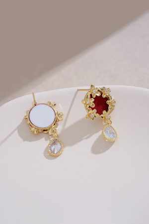Red Vintage Hepburn-Style Ear Studs, Unique Golden Flower Earrings, Retro Water Drop Accessories, Fairy-Inspired Jewelry
