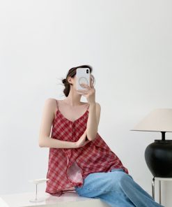 Red Vintage Slimming Plaid Double-Layer Cami Top for Women - Irregular Summer Outer Wear, Perfect for Y2K and Casual Style