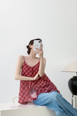 Red Vintage Slimming Plaid Double-Layer Cami Top for Women - Irregular Summer Outer Wear, Perfect for Y2K and Casual Style