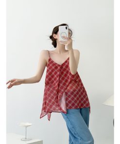 Red Vintage Slimming Plaid Double-Layer Cami Top for Women - Irregular Summer Outer Wear, Perfect for Y2K and Casual Style