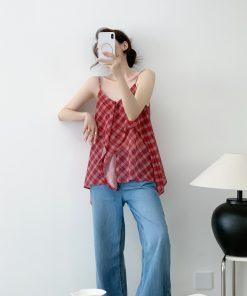 Red Vintage Slimming Plaid Double-Layer Cami Top for Women - Irregular Summer Outer Wear, Perfect for Y2K and Casual Style