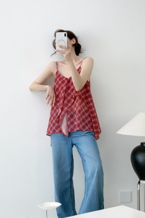 Red Vintage Slimming Plaid Double-Layer Cami Top for Women - Irregular Summer Outer Wear, Perfect for Y2K and Casual Style