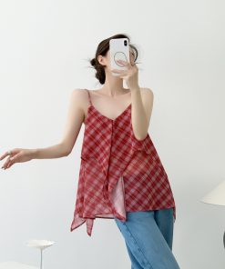 Red Vintage Slimming Plaid Double-Layer Cami Top for Women - Irregular Summer Outer Wear, Perfect for Y2K and Casual Style