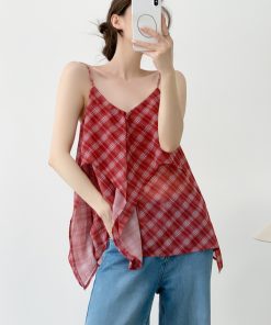 Red Vintage Slimming Plaid Double-Layer Cami Top for Women - Irregular Summer Outer Wear, Perfect for Y2K and Casual Style