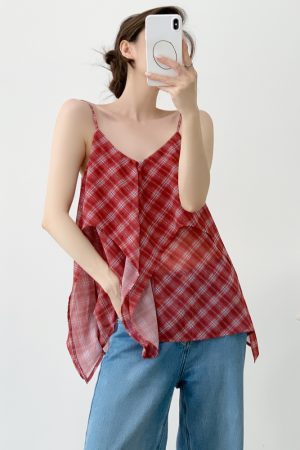Red Vintage Slimming Plaid Double-Layer Cami Top for Women - Irregular Summer Outer Wear, Perfect for Y2K and Casual Style