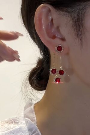 Red Zircon Two-Wear Earrings for Women - Light Luxury High-End Studs, Versatile Ear Accessories for 2025 New Year Style