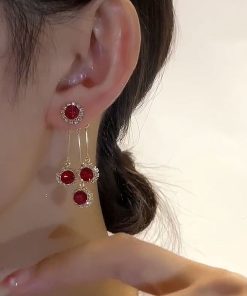 Red Zircon Two-Wear Earrings for Women - Light Luxury High-End Studs, Versatile Ear Accessories for 2025 New Year Style