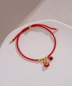 Red Zodiac Year Small Rabbit Pendant Bracelet with Tiny Gold Beads, Ultra-Fine String, Trendy New Year Jewelry