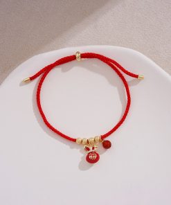 Red Zodiac Year Small Rabbit Pendant Bracelet with Tiny Gold Beads, Ultra-Fine String, Trendy New Year Jewelry