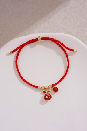 Red Zodiac Year Small Rabbit Pendant Bracelet with Tiny Gold Beads, Ultra-Fine String, Trendy New Year Jewelry