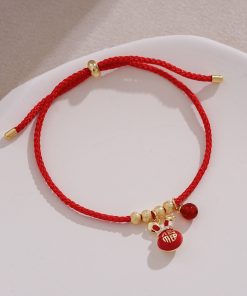 Red Zodiac Year Small Rabbit Pendant Bracelet with Tiny Gold Beads, Ultra-Fine String, Trendy New Year Jewelry