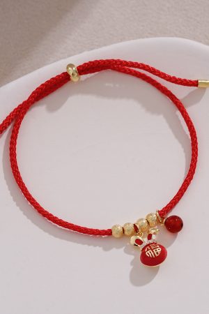 Red Zodiac Year Small Rabbit Pendant Bracelet with Tiny Gold Beads, Ultra-Fine String, Trendy New Year Jewelry