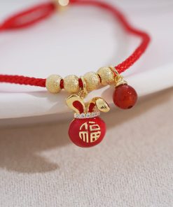 Red Zodiac Year Small Rabbit Pendant Bracelet with Tiny Gold Beads, Ultra-Fine String, Trendy New Year Jewelry